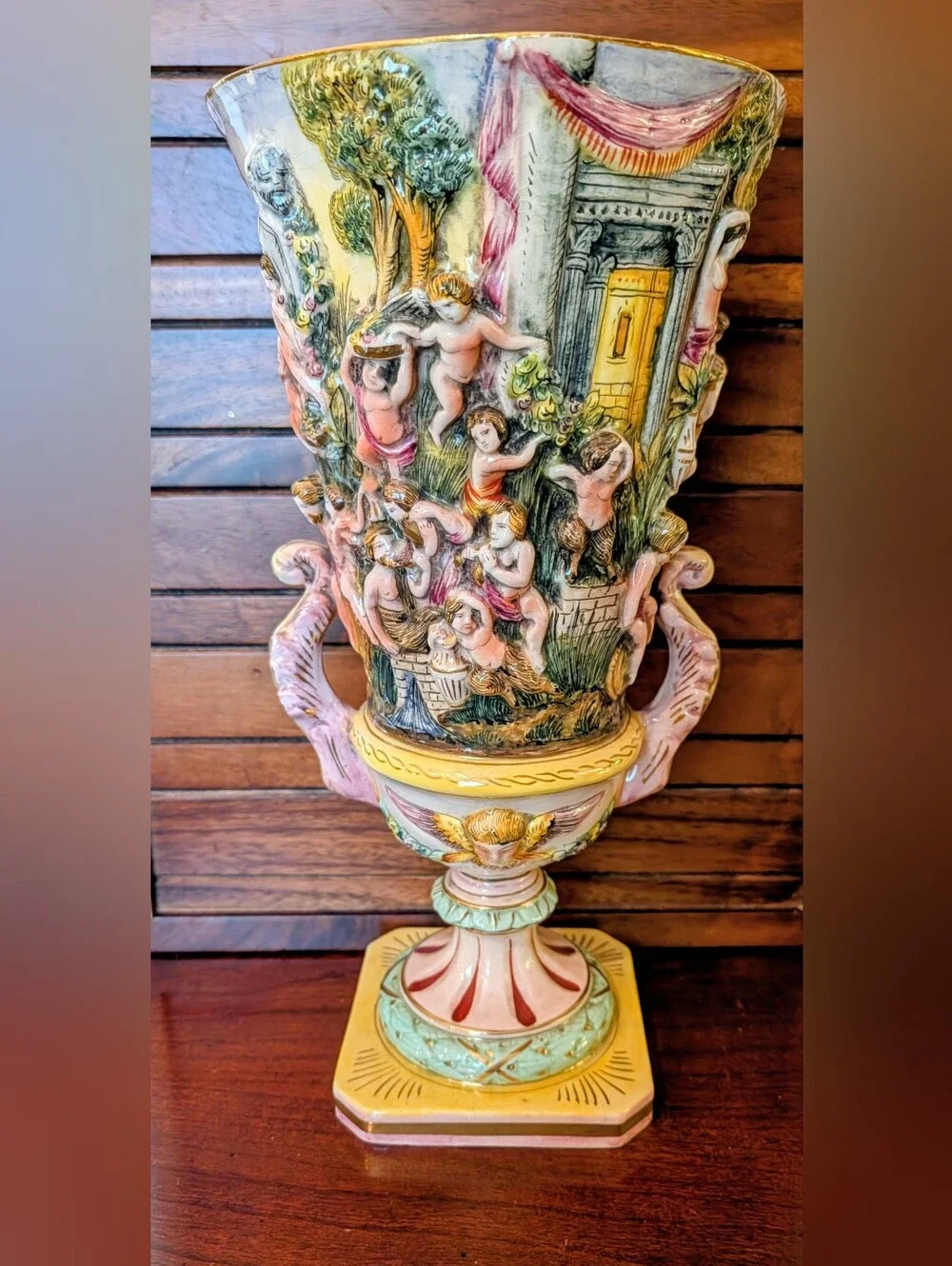 Capodimonte Porcelain Cherub Relief Floor Vase
